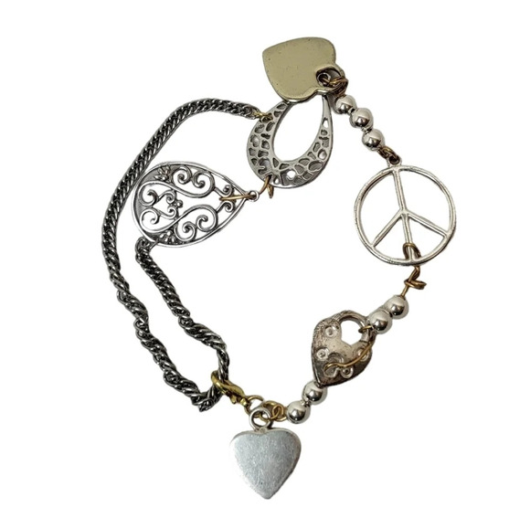 Handcrafted Heart Spiral Teardrop Peace Sign Charm Bracelet - Picture 1 of 2